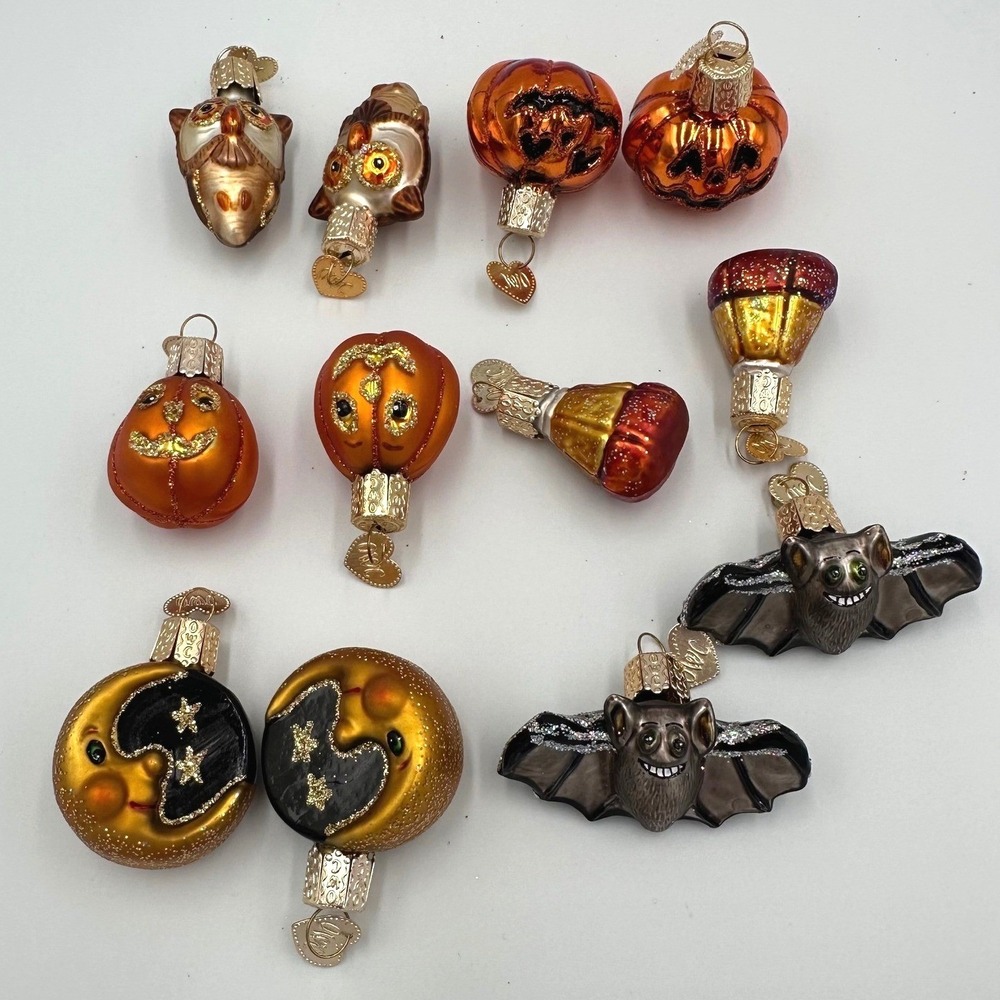 Old World Christmas Halloween Ornament Set Glass Bat Pumpkin‎ Moon Owl Acorn Lot